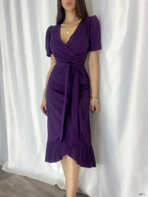 Women's Crossover Collar Midi Length Belted Crepe Dress 120 Cm - 6