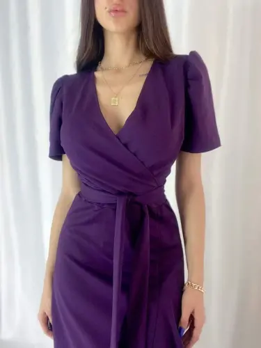 Women's Crossover Collar Midi Length Belted Crepe Dress 120 Cm - 7