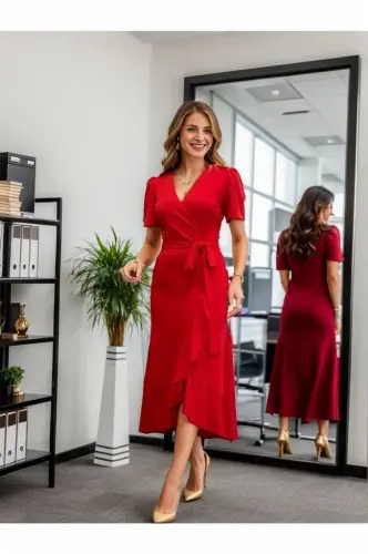 Women's Crossover Collar Midi Length Belted Crepe Dress 120 Cm - 1