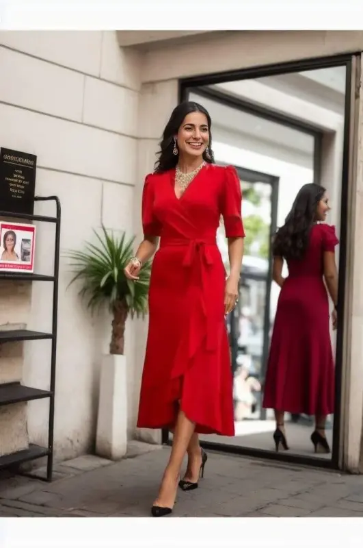 Women's Crossover Collar Midi Length Belted Crepe Dress 120 Cm - 2