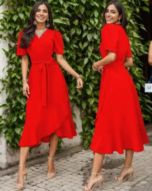 Women's Crossover Collar Midi Length Belted Crepe Dress 120 Cm - 3