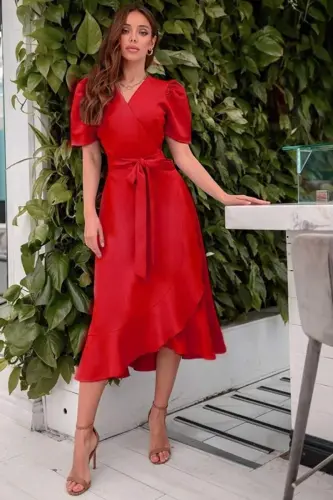 Women's Crossover Collar Midi Length Belted Crepe Dress 120 Cm - 4