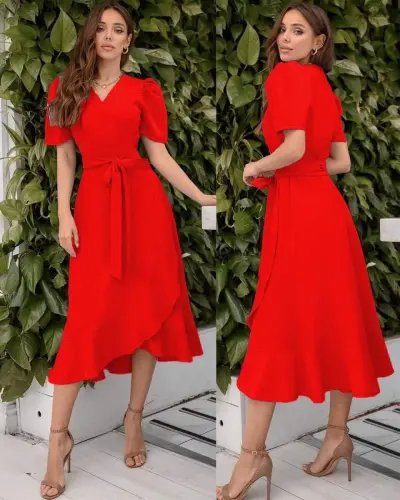 Women's Crossover Collar Midi Length Belted Crepe Dress 120 Cm - 6