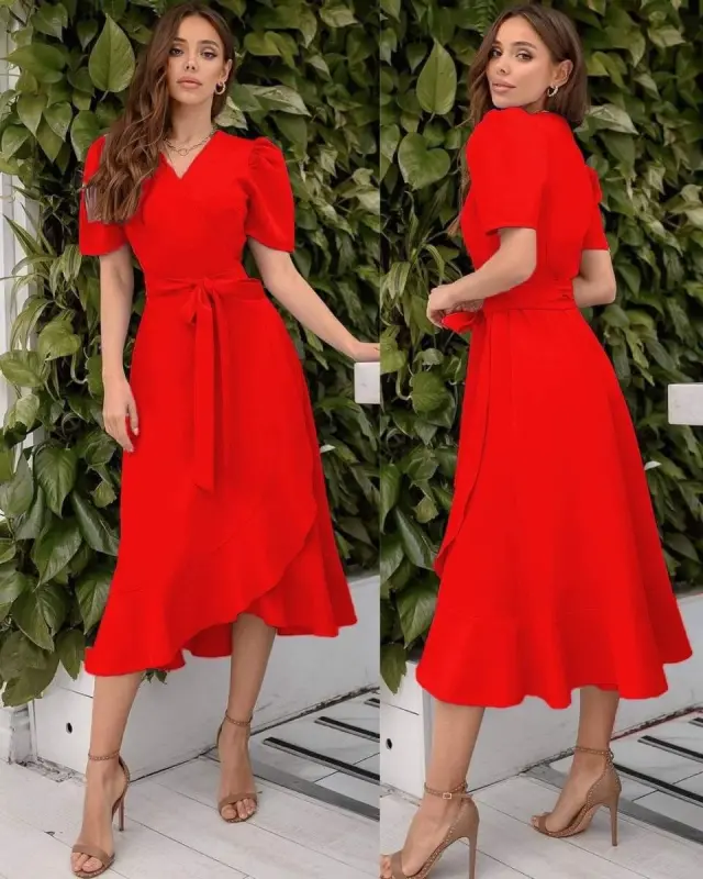 Women's Crossover Collar Midi Length Belted Crepe Dress 120 Cm - 6