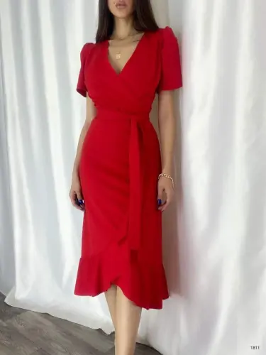 Women's Crossover Collar Midi Length Belted Crepe Dress 120 Cm - 7