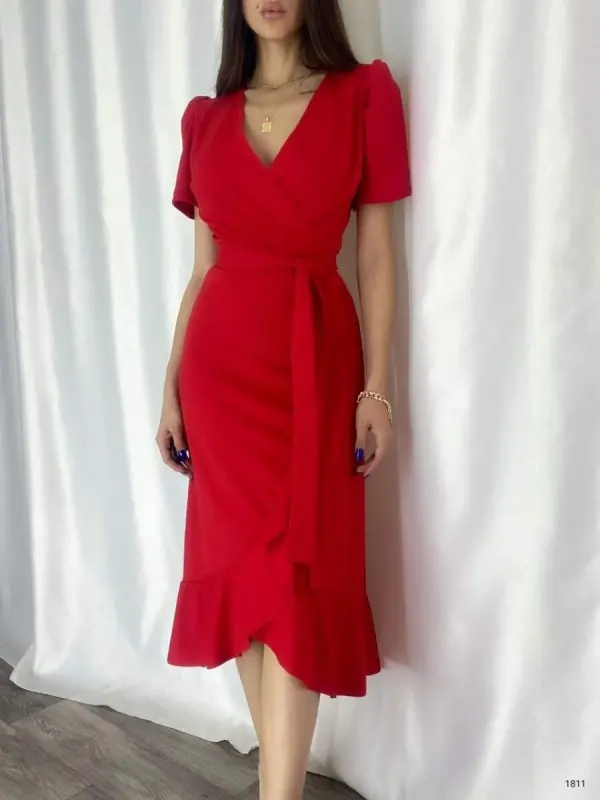 Women's Crossover Collar Midi Length Belted Crepe Dress 120 Cm - 7