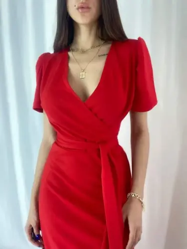 Women's Crossover Collar Midi Length Belted Crepe Dress 120 Cm - 8