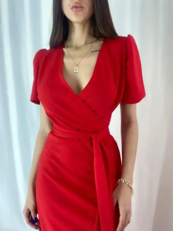 Women's Crossover Collar Midi Length Belted Crepe Dress 120 Cm - 8