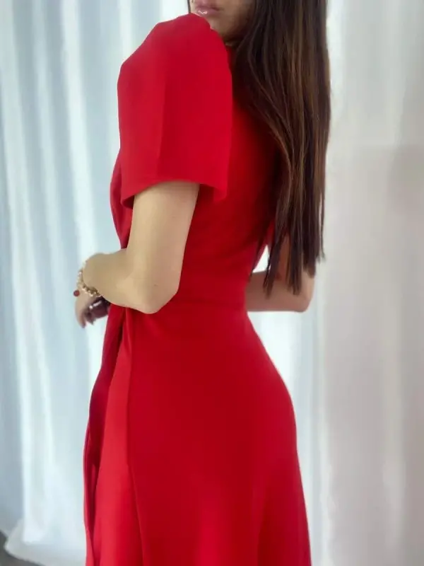 Women's Crossover Collar Midi Length Belted Crepe Dress 120 Cm - 9