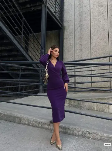 Women's Crossover Neck Balloon Sleeve Glittery Crepe Fabric Midi Dress - 3