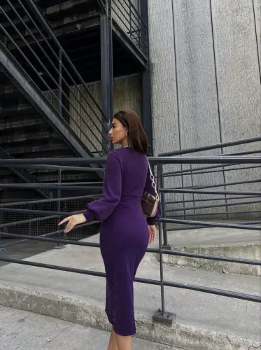 Women's Crossover Neck Balloon Sleeve Glittery Crepe Fabric Midi Dress - 4