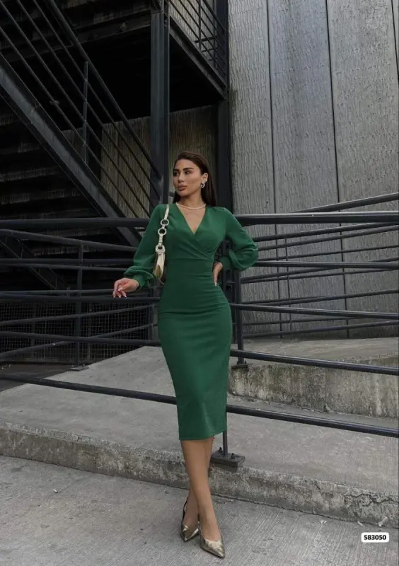 Women's Crossover Neck Balloon Sleeve Glittery Crepe Fabric Midi Dress - 2