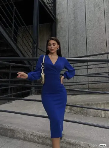 Women's Crossover Neck Balloon Sleeve Glittery Crepe Fabric Midi Dress - BÜYÜKBEDENIZ (1)