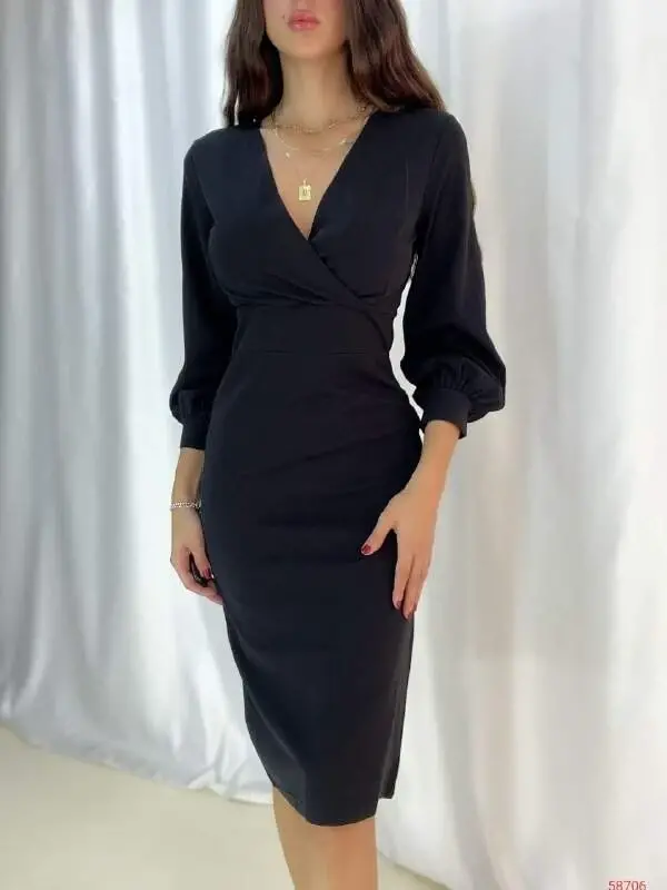 Women's Crossover Neck Balloon Sleeve Midi Dress - BÜYÜKBEDENIZ