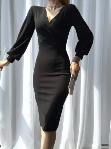 Women's Crossover Neck Balloon Sleeve Midi Dress - BÜYÜKBEDENIZ (1)