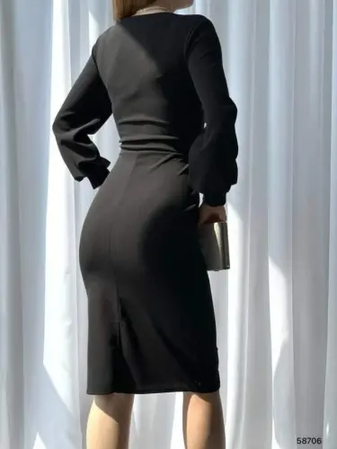 Women's Crossover Neck Balloon Sleeve Midi Dress - 4