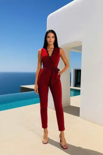 Women's Crossover Neck Lace Guipure And Belt Detail Jumpsuit - 1