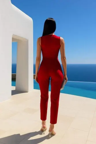 Women's Crossover Neck Lace Guipure And Belt Detail Jumpsuit - BÜYÜKBEDENIZ (1)