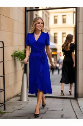 Women's Crossover Neck Midi Length Belted Crepe Dress 120 Cm - 1