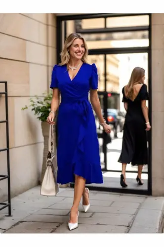 Women's Crossover Neck Midi Length Belted Crepe Dress 120 Cm - BÜYÜKBEDENIZ (1)