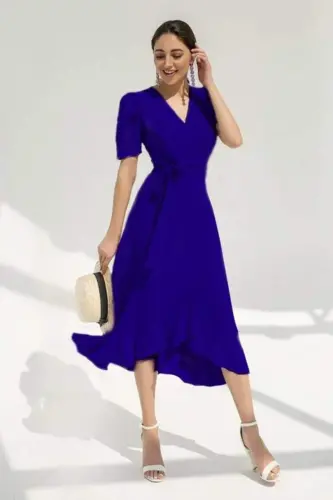 Women's Crossover Neck Midi Length Belted Crepe Dress 120 Cm - 3