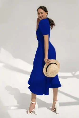 Women's Crossover Neck Midi Length Belted Crepe Dress 120 Cm - 4