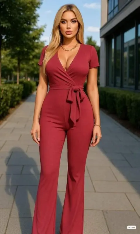 Women's Crossover Neck Short Sleeve Belted Jumpsuit - BÜYÜKBEDENIZ