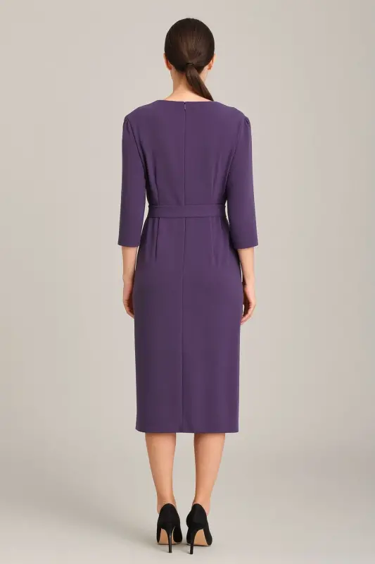 Women's Crossover Wrap Three-Quarter Sleeve Crepe Chic Dress-Dark Lilac - 3