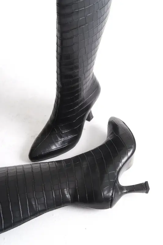 Kadın Özel Tasarım Tam Fermuarlı Croco Kaplama Topuklu Çizme - Siyah Croco Kadeh Ökçe - 3