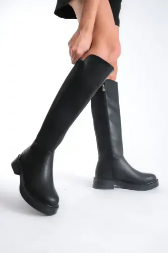 Women's Daily Stretch Elastic Knee High Oval Toe Chunky Sole Zipper Boots Beja Black-BLACK LEATHER - 1