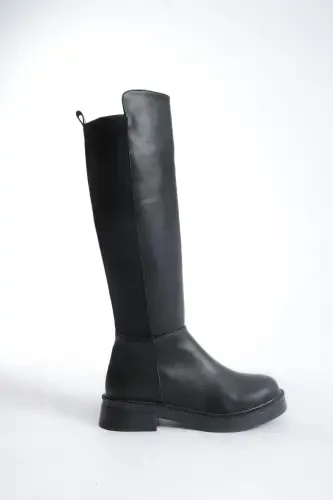 Women's Daily Stretch Elastic Knee High Oval Toe Chunky Sole Zipper Boots Beja Black-BLACK LEATHER - 2