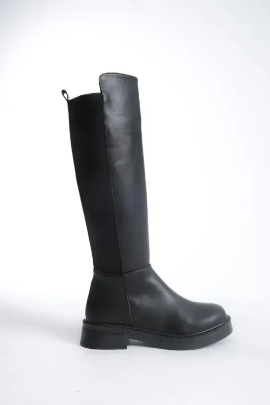 Women's Daily Stretch Elastic Knee High Oval Toe Chunky Sole Zipper Boots Beja Black-BLACK LEATHER - 2