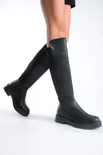 Women's Daily Stretch Elastic Knee High Oval Toe Chunky Sole Zipper Boots Beja Black-BLACK LEATHER - 3
