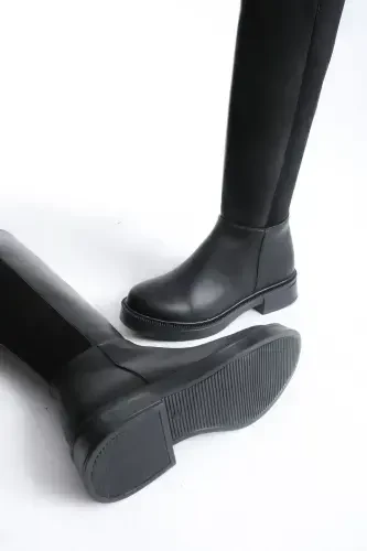 Women's Daily Stretch Elastic Knee High Oval Toe Chunky Sole Zipper Boots Beja Black-BLACK LEATHER - 4