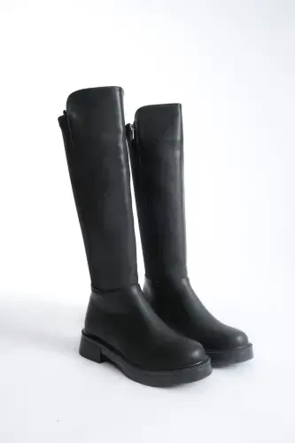 Women's Daily Stretch Elastic Knee High Oval Toe Chunky Sole Zipper Boots Beja Black-BLACK LEATHER - 5