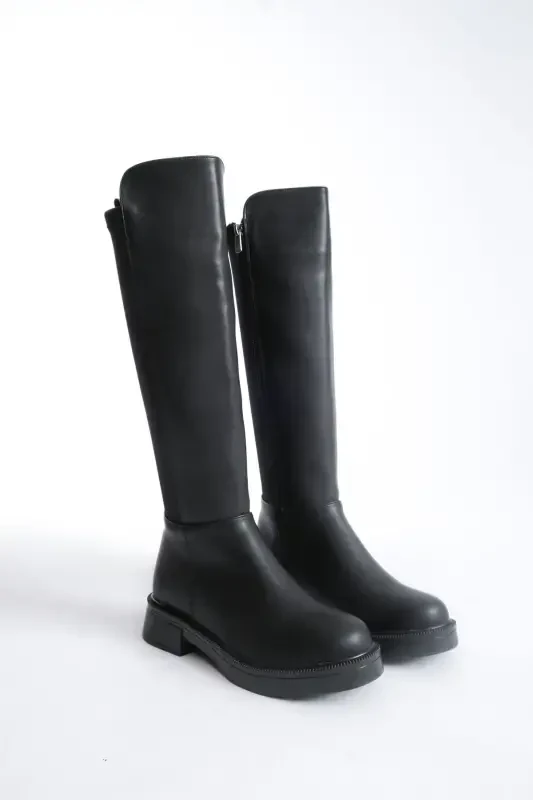 Women's Daily Stretch Elastic Knee High Oval Toe Chunky Sole Zipper Boots Beja Black-BLACK LEATHER - 5