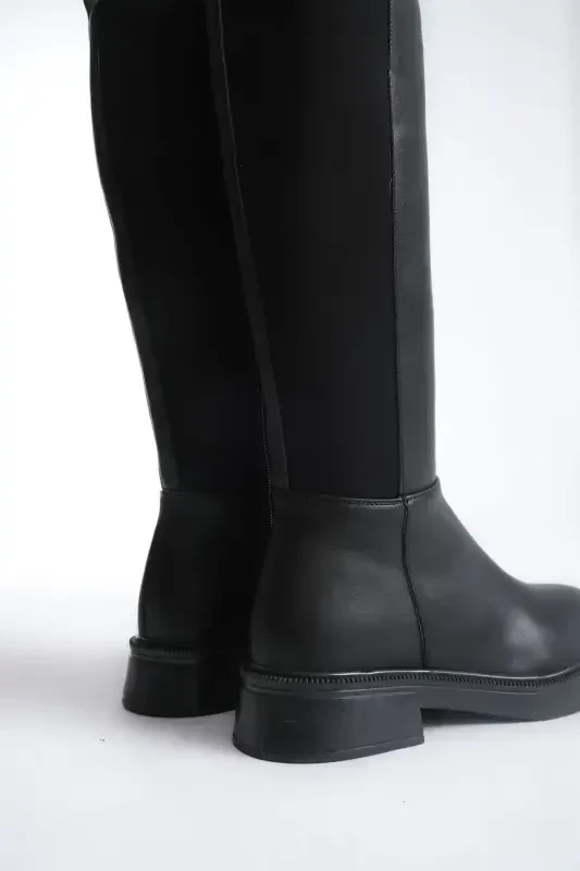 Women's Daily Stretch Elastic Knee High Oval Toe Chunky Sole Zipper Boots Beja Black-BLACK LEATHER - 6