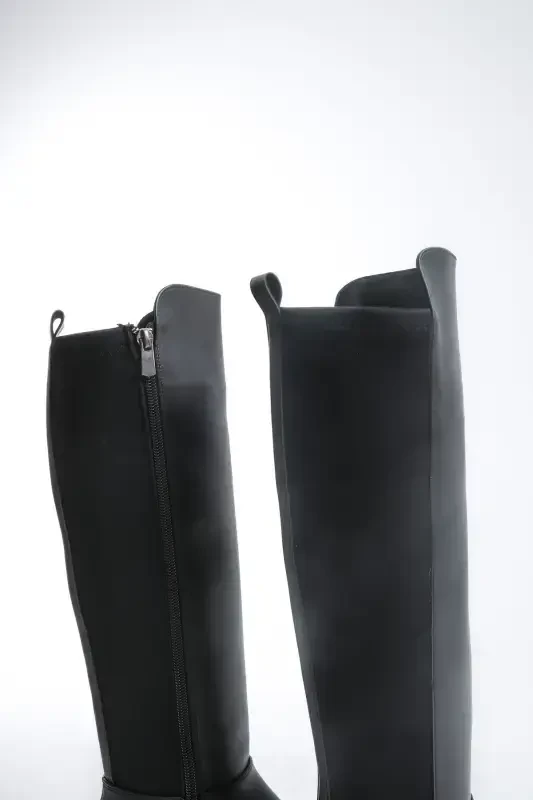 Women's Daily Stretch Elastic Knee High Oval Toe Chunky Sole Zipper Boots Beja Black-BLACK LEATHER - 7