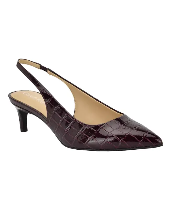 Women's Dainty Kitten Heel Slingback Pumps - Dark Red Croco Patent - CALVIN KLEIN