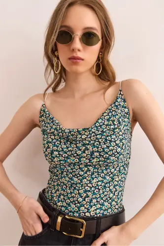 Women's Daisy Blue Cowl Neck Spaghetti Strap Blouse BLZ- 