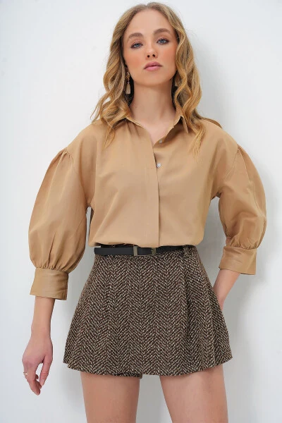 Women's Dark Beige Balloon Sleeve Hidden Button Basic Poplin Shirt ALC-X9654 - TREND ALAÇATI STILI
