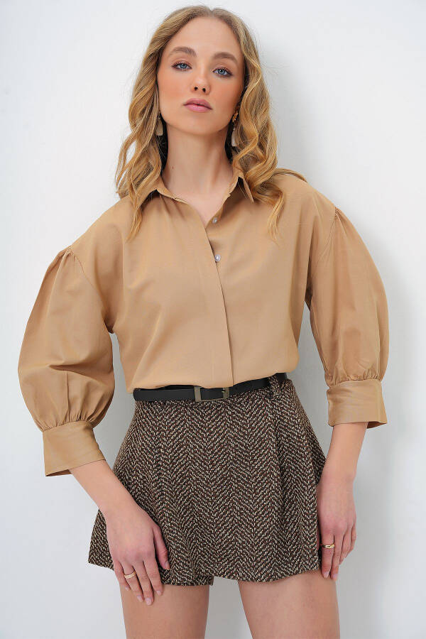 Women's Dark Beige Balloon Sleeve Hidden Button Basic Poplin Shirt ALC-X9654 - 2