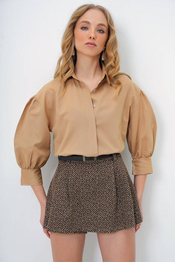 Women's Dark Beige Balloon Sleeve Hidden Button Basic Poplin Shirt ALC-X9654 - 4