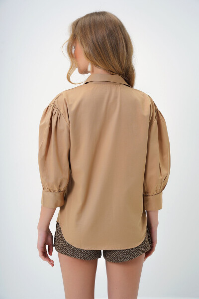 Women's Dark Beige Balloon Sleeve Hidden Button Basic Poplin Shirt ALC-X9654 - 6