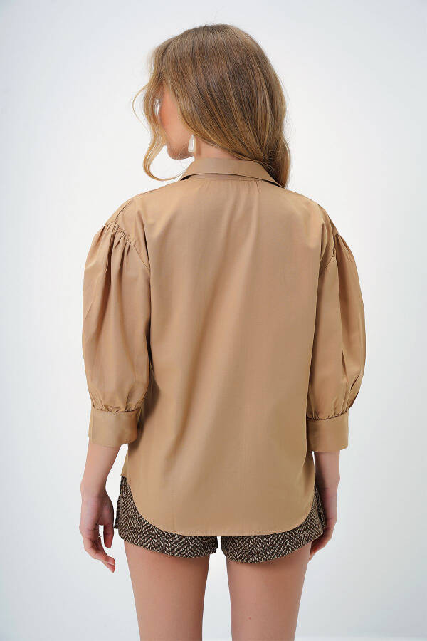 Women's Dark Beige Balloon Sleeve Hidden Button Basic Poplin Shirt ALC-X9654 - 6