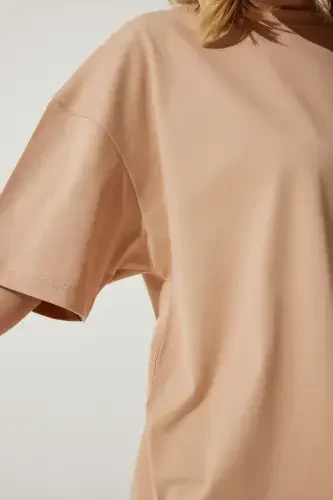 Women's Dark Beige Crew Neck Basic Oversize Knitted T-Shirt BF00091-Dark Beige - 1