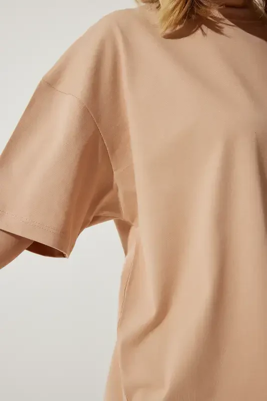 Women's Dark Beige Crew Neck Basic Oversize Knitted T-Shirt BF00091-Dark Beige - HAPPINESS İSTANBUL