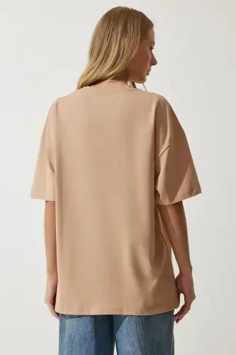 Women's Dark Beige Crew Neck Basic Oversize Knitted T-Shirt BF00091-Dark Beige - HAPPINESS İSTANBUL (1)