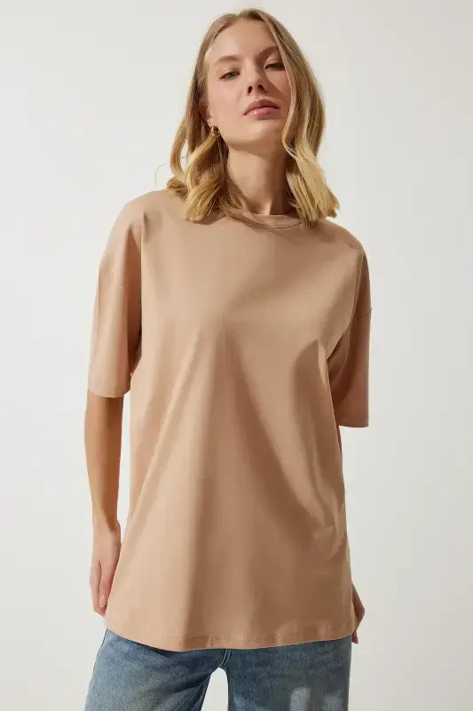 Women's Dark Beige Crew Neck Basic Oversize Knitted T-Shirt BF00091-Dark Beige - 5