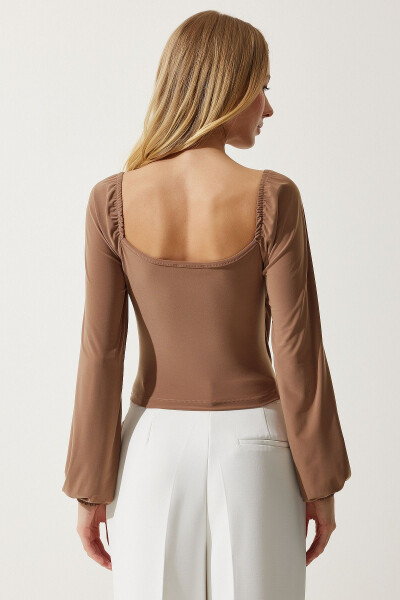 Women's Dark Beige Elastic Balloon Sleeve Sandy Knit Blouse FF00154 - 4